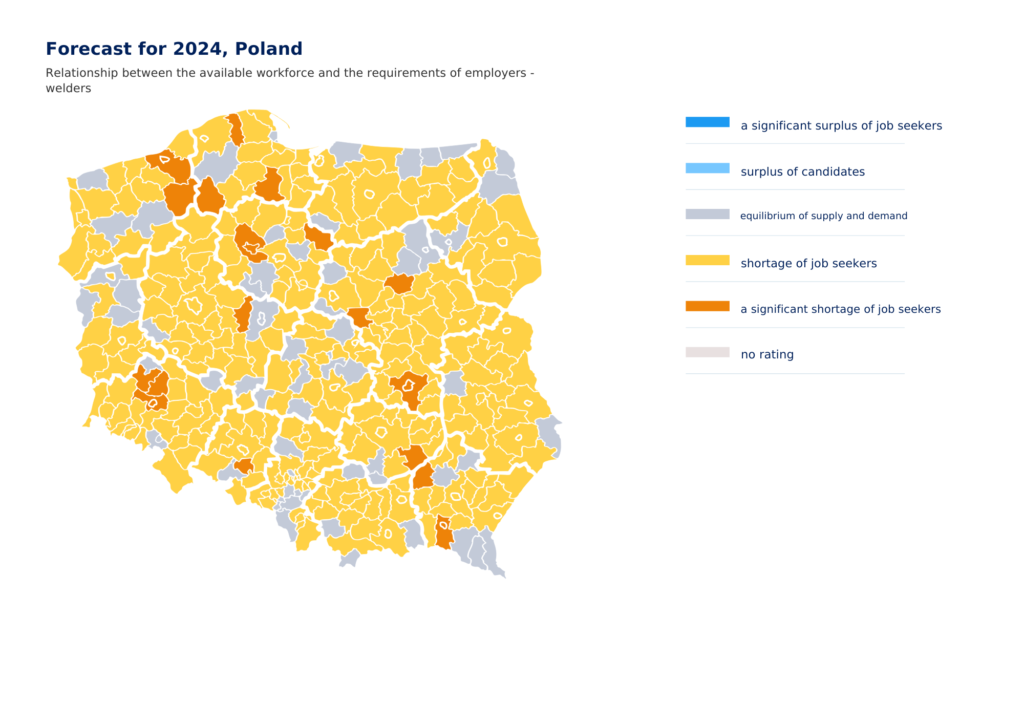 Map of Poland showing relashionship between availble welders on job market and the employers requirements